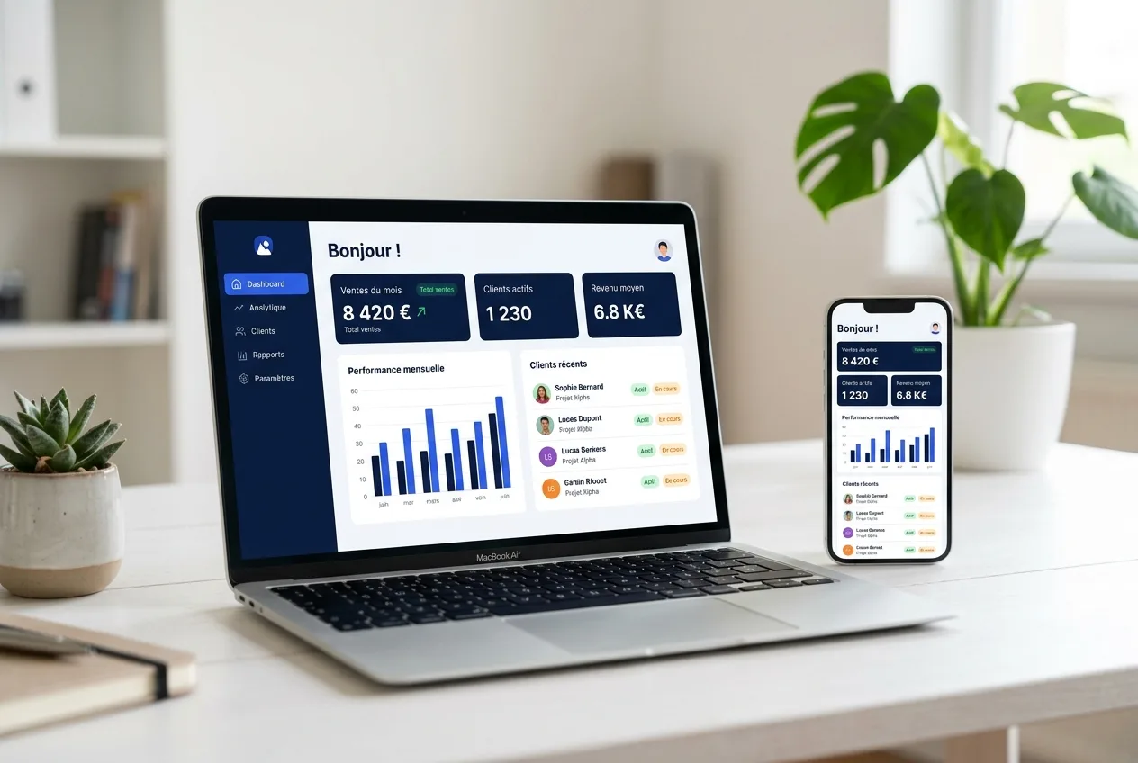 Marketools sur ordinateur et mobile — tableau de bord Bonjour, vos actions du jour, chiffre d'affaires